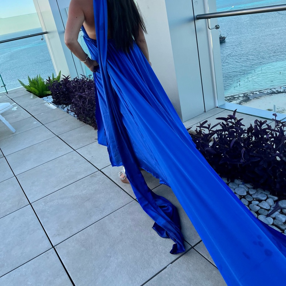 Ocean Satin blue hand made , one size wrap Picture perfect Dress !